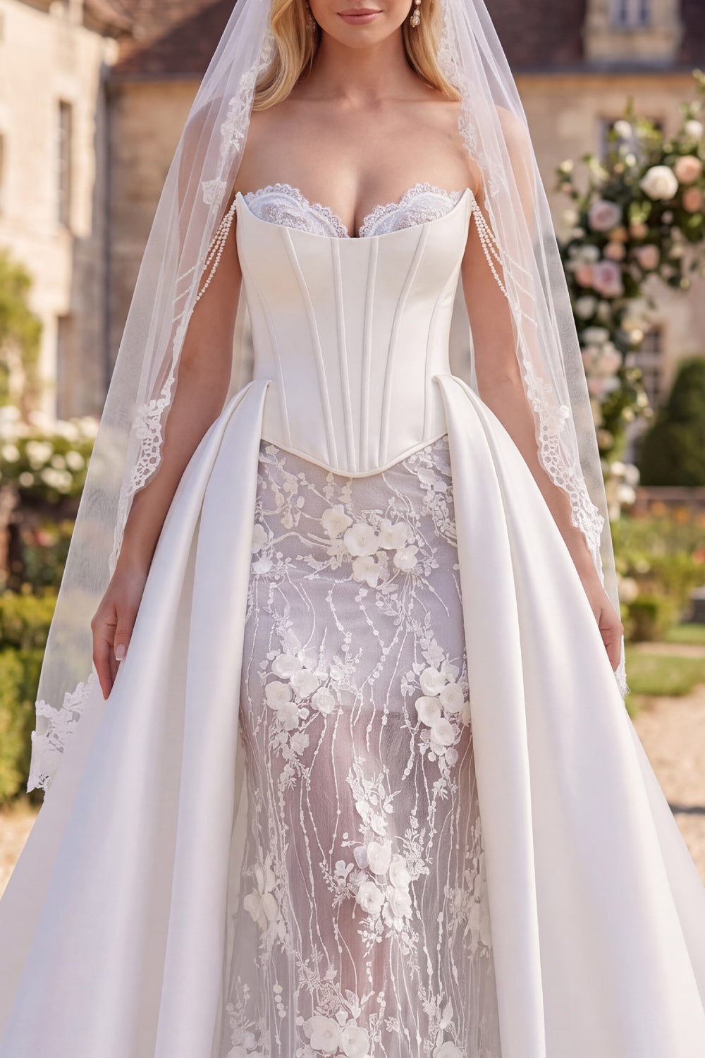 Mermaid Floral Beaded Corset White Sweep Train Wedding Dress with Veils
