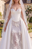 Mermaid Floral Beaded Corset White Sweep Train Wedding Dress with Veils