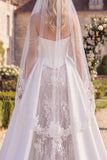 Mermaid Floral Beaded Corset White Sweep Train Wedding Dress with Veils