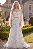 White Green Flower Boat Neck 2 Piece Sweep Train Wedding Dress with Veils