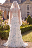 White Green Flower Boat Neck 2 Piece Sweep Train Wedding Dress with Veils