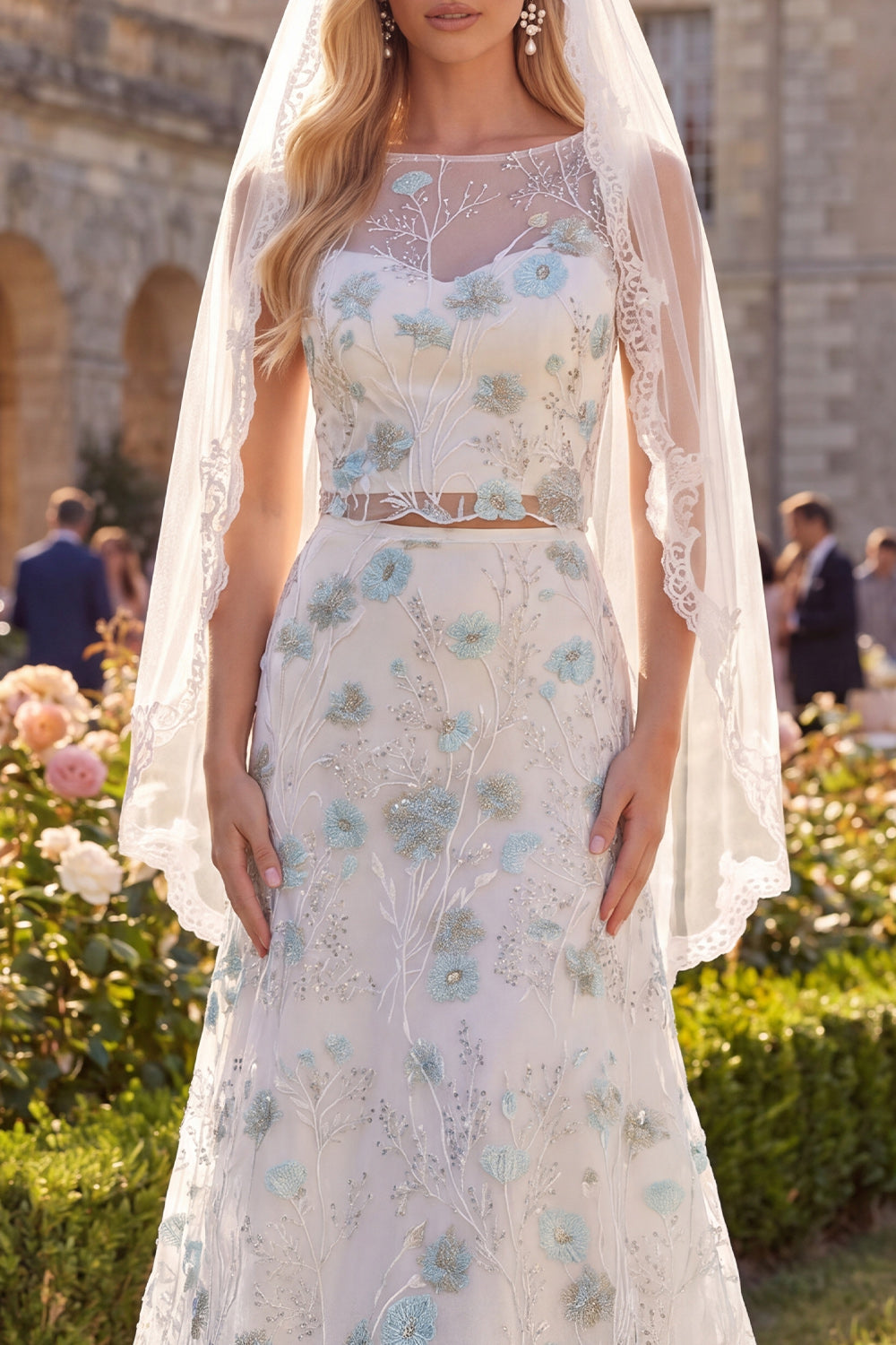 White Green Flower Boat Neck 2 Piece Sweep Train Wedding Dress with Veils