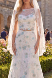 White Green Flower Boat Neck 2 Piece Sweep Train Wedding Dress with Veils
