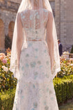 White Green Flower Boat Neck 2 Piece Sweep Train Wedding Dress with Veils