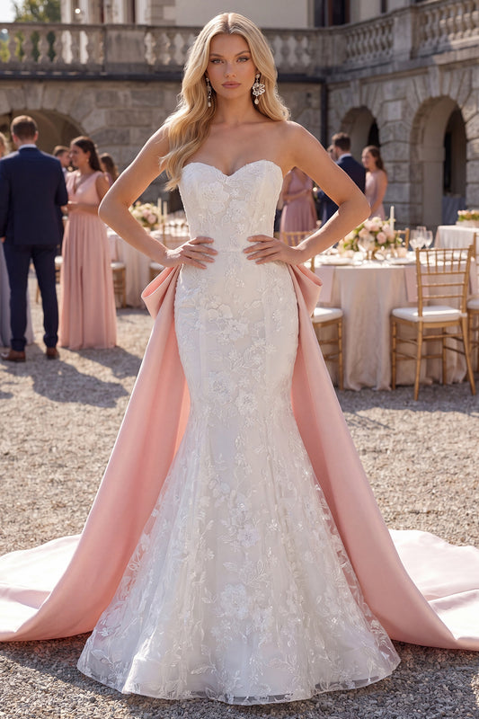 Sparkly White Mermaid Floral Sweep Train Sweetheart Wedding Dress with Cape
