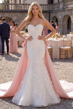 Sparkly White Mermaid Floral Sweep Train Sweetheart Wedding Dress with Cape