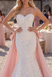 Sparkly White Mermaid Floral Sweep Train Sweetheart Wedding Dress with Cape