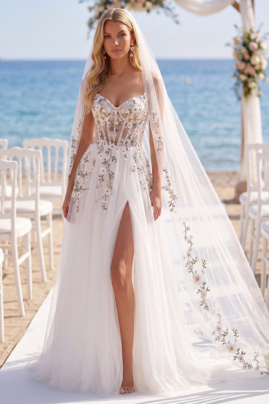 White Pink Flower Embroidered Tulle A Line Corset Sweep Train Wedding Dress with Veils