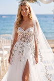 White Pink Flower Embroidered Tulle A Line Corset Sweep Train Wedding Dress with Veils