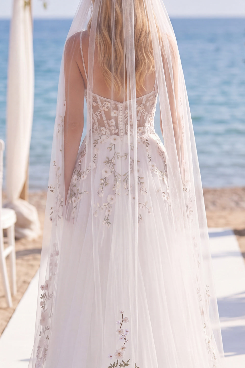 White Pink Flower Embroidered Tulle A Line Corset Sweep Train Wedding Dress with Veils