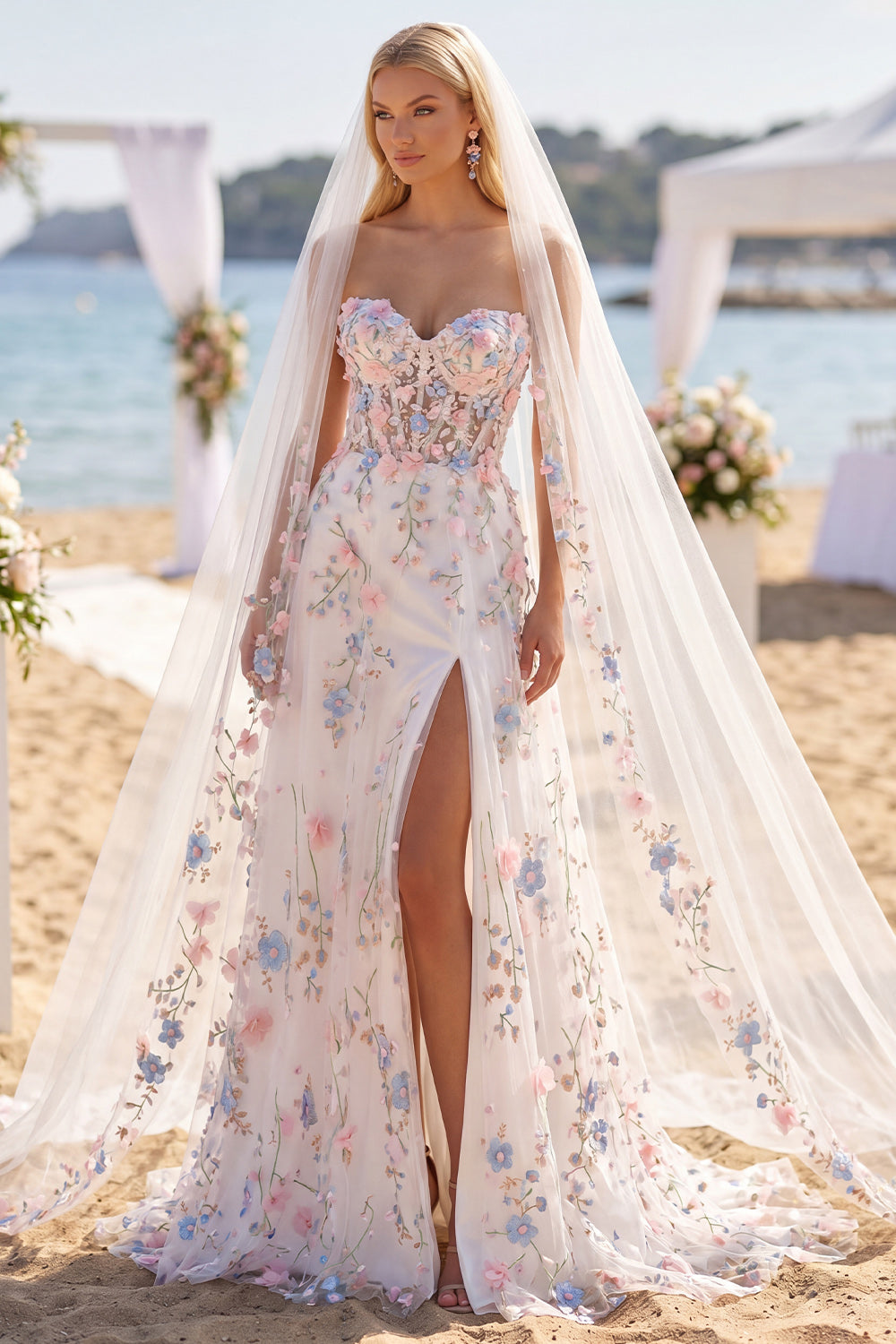 Corset Sweep Train White Pink Flower Sweetheart A Line Wedding Dress with Veils