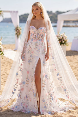 Corset Sweep Train White Pink Flower Sweetheart A Line Wedding Dress with Veils