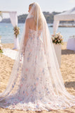 Corset Sweep Train White Pink Flower Sweetheart A Line Wedding Dress with Veils