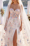 Corset Sweep Train White Pink Flower Sweetheart A Line Wedding Dress with Veils