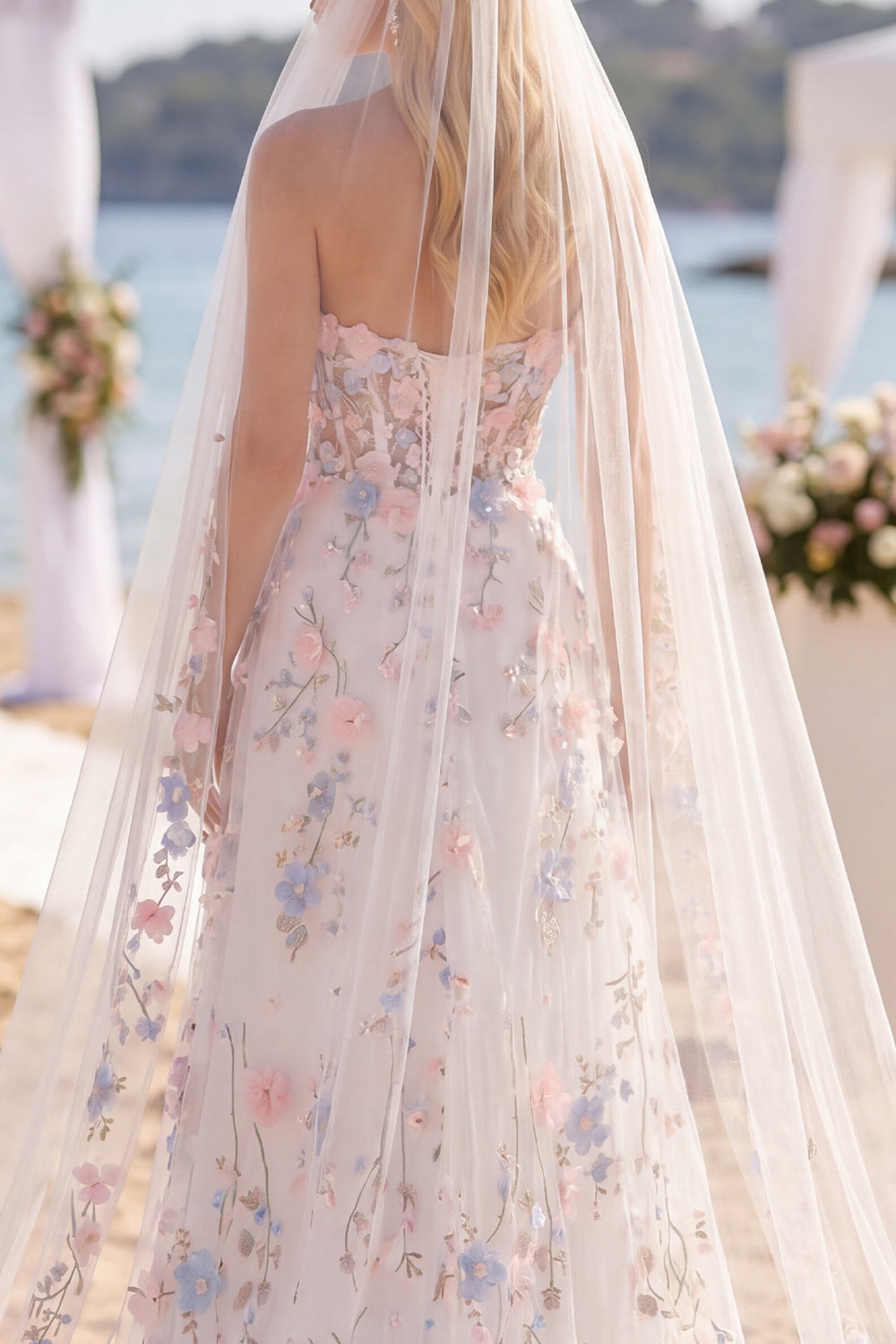 Corset Sweep Train White Pink Flower Sweetheart A Line Wedding Dress with Veils