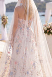Corset Sweep Train White Pink Flower Sweetheart A Line Wedding Dress with Veils