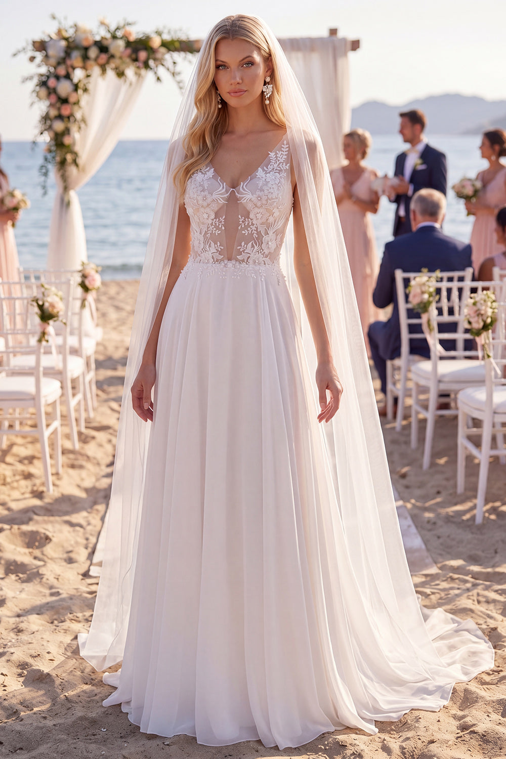 White Floral Chiffon A Line Sweep Train V-Neck Keyhole Beach Wedding Dress with Veils