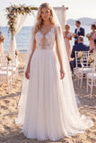 White Floral Chiffon A Line Sweep Train V-Neck Keyhole Beach Wedding Dress with Veils