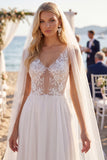 White Floral Chiffon A Line Sweep Train V-Neck Keyhole Beach Wedding Dress with Veils
