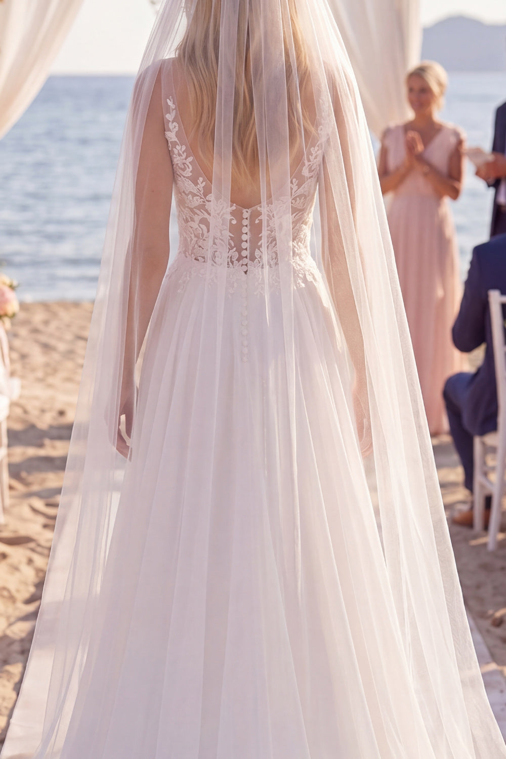 White Floral Chiffon A Line Sweep Train V-Neck Keyhole Beach Wedding Dress with Veils