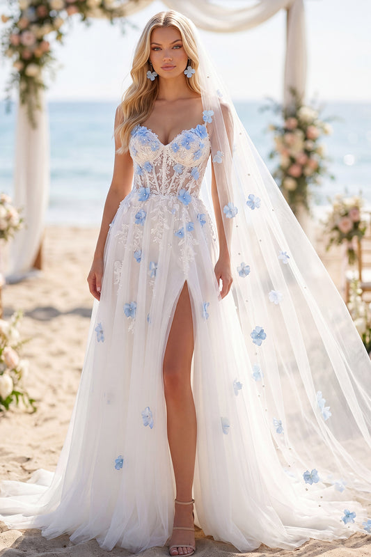 White Blue Flower A Line Beaded Corset Sweep Train Wedding Dress with Veils