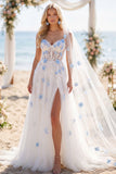 White Blue Flower A Line Beaded Corset Sweep Train Wedding Dress with Veils