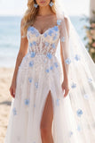 White Blue Flower A Line Beaded Corset Sweep Train Wedding Dress with Veils