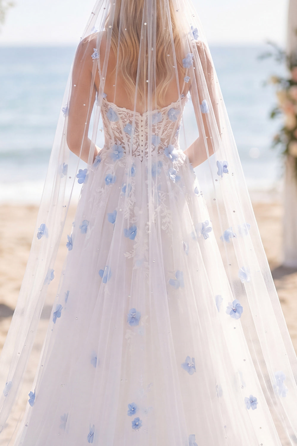 White Blue Flower A Line Beaded Corset Sweep Train Wedding Dress with Veils