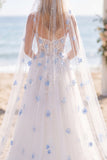White Blue Flower A Line Beaded Corset Sweep Train Wedding Dress with Veils