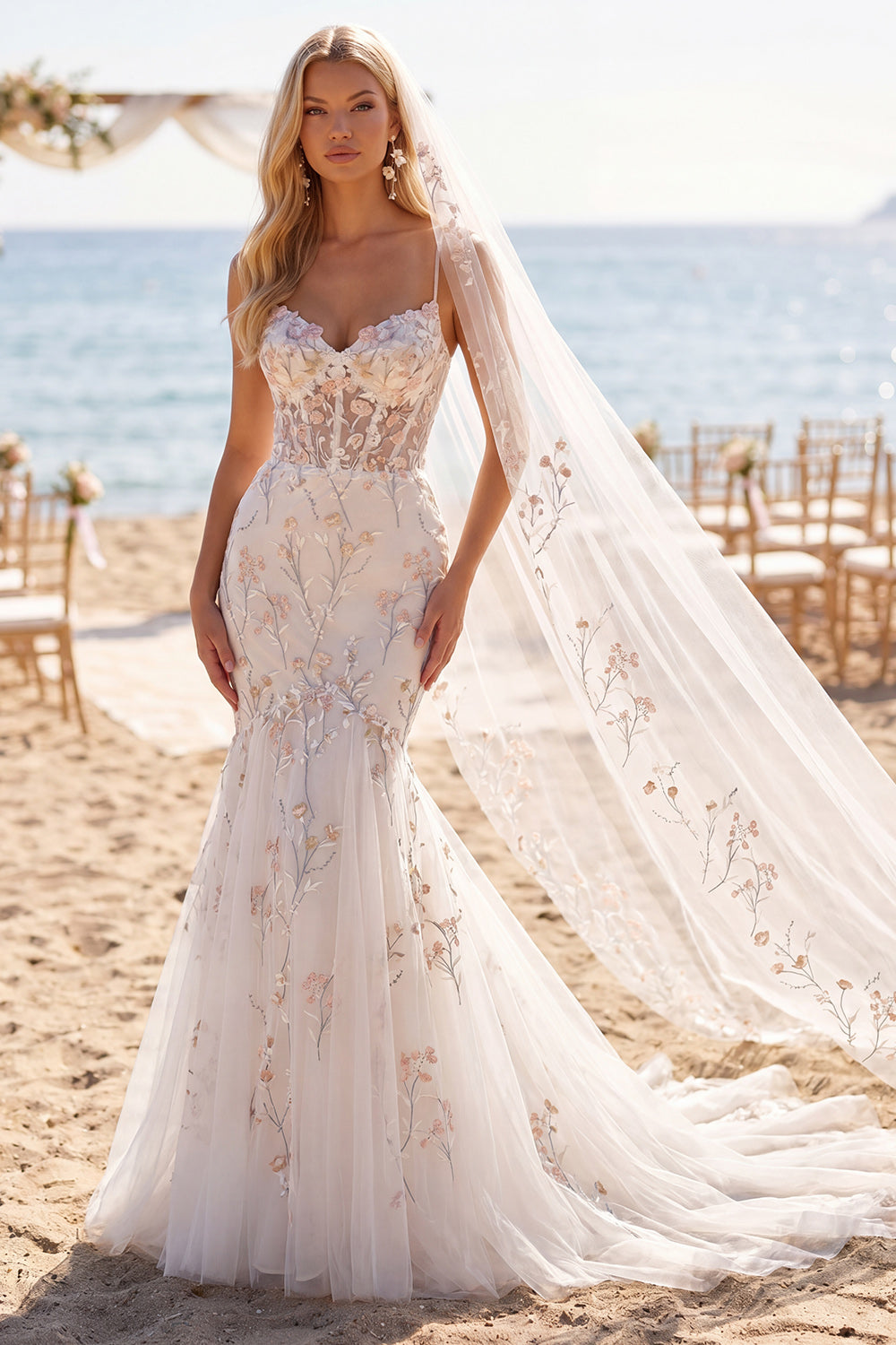 White Pink Flower Mermaid Corset Sweep Train Wedding Dress with Veils