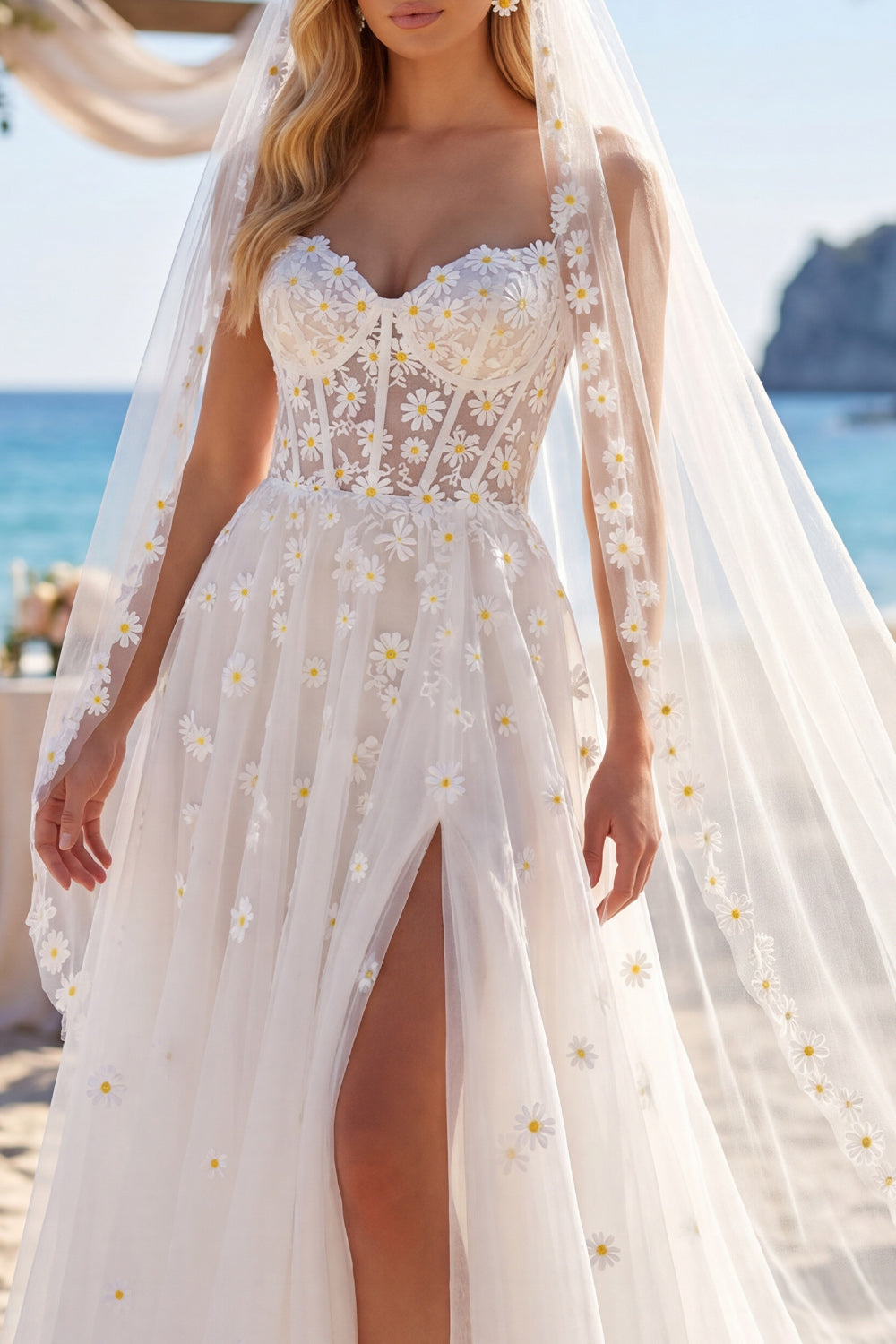 Floral White Corset A Line Sweep Train Sweetheart Beach Wedding Dress with Veils