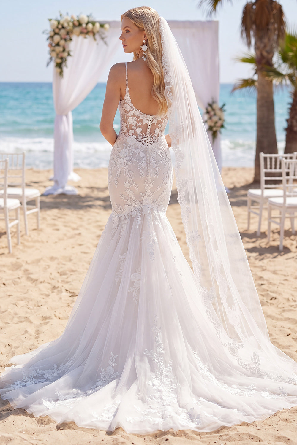 Mermaid Corset Sweep Train White Floral Lace Boho Wedding Dress with Veils