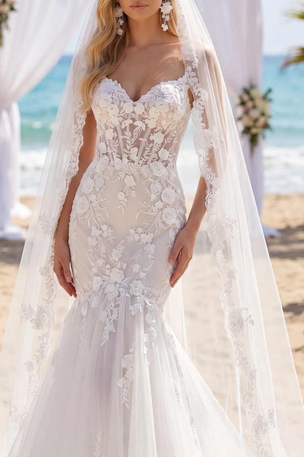 Mermaid Corset Sweep Train White Floral Lace Boho Wedding Dress with Veils