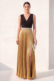 Black Golden A Line V-Neck Champagne Pleated Long Metallic Formal Dress with Slit