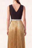 Black Golden A Line V-Neck Champagne Pleated Long Metallic Formal Dress with Slit