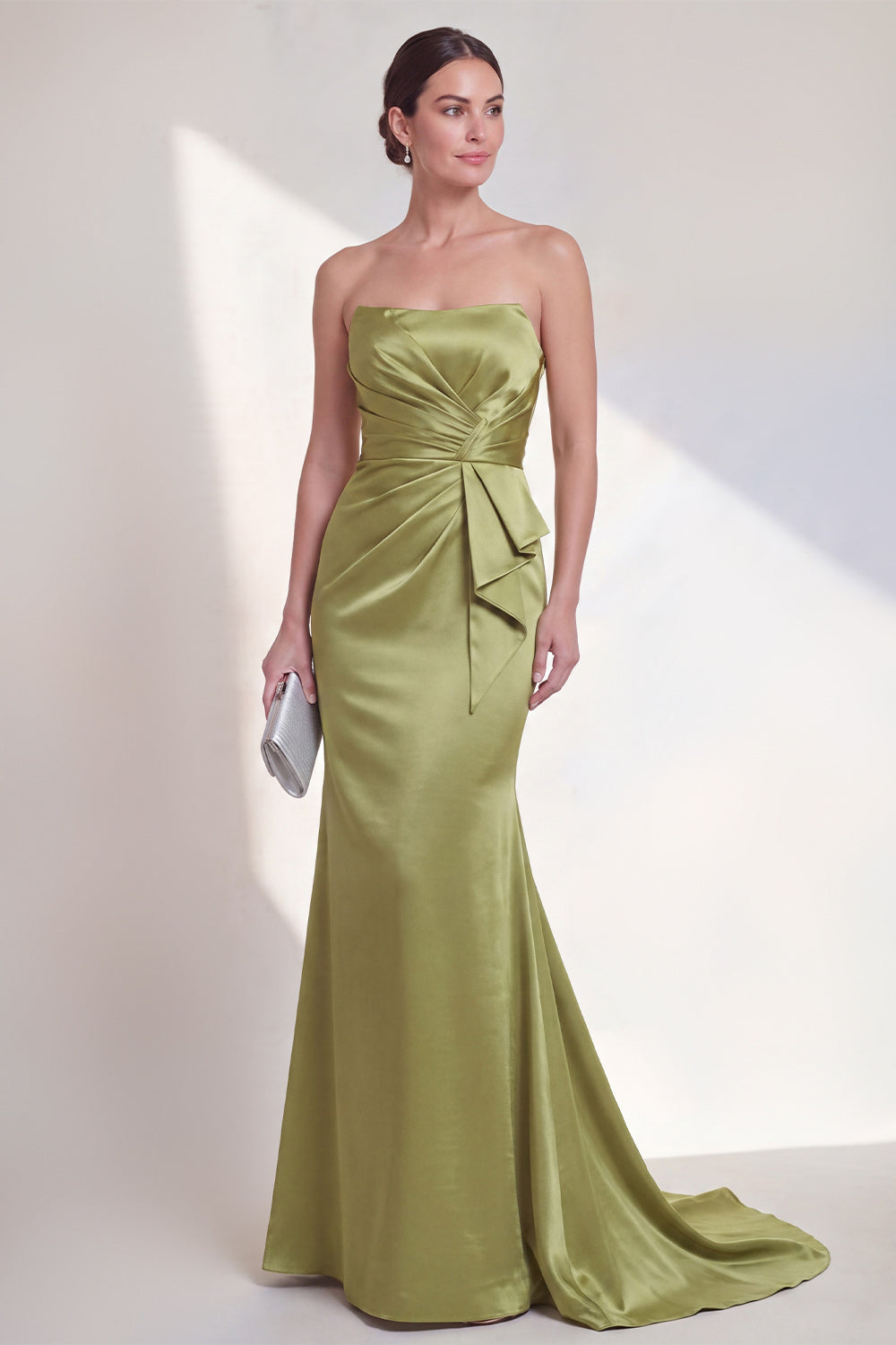 Long Mermaid Ruched Green Strapless Formal Dress with Ruffles