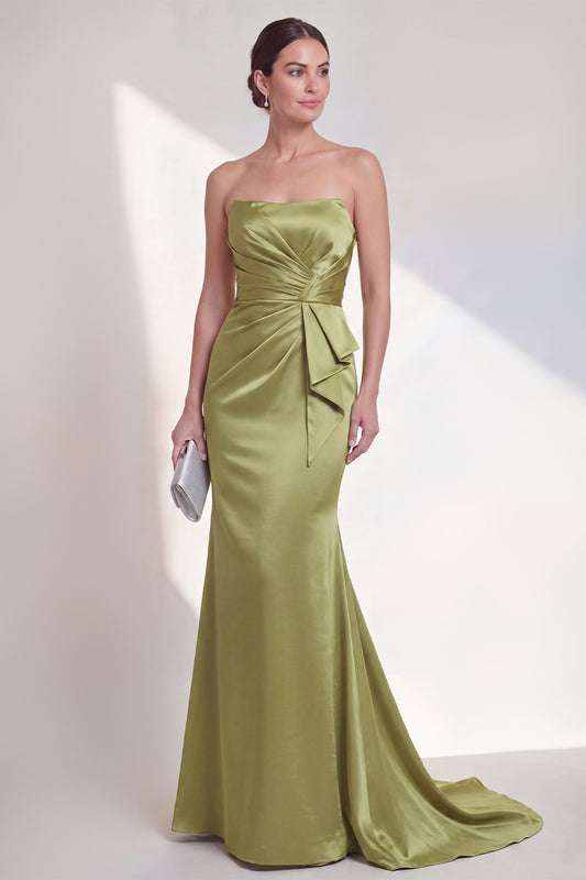 Long Mermaid Ruched Green Strapless Formal Dress with Ruffles