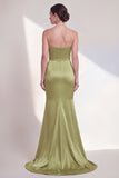 Long Mermaid Ruched Green Strapless Formal Dress with Ruffles