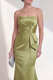Long Mermaid Ruched Green Strapless Formal Dress with Ruffles