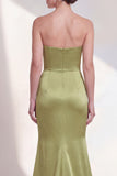 Long Mermaid Ruched Green Strapless Formal Dress with Ruffles