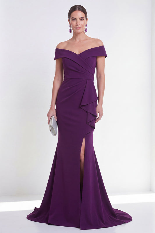 Off the Shoulder Purple Ruched Long Mermaid Formal Dress with Slit