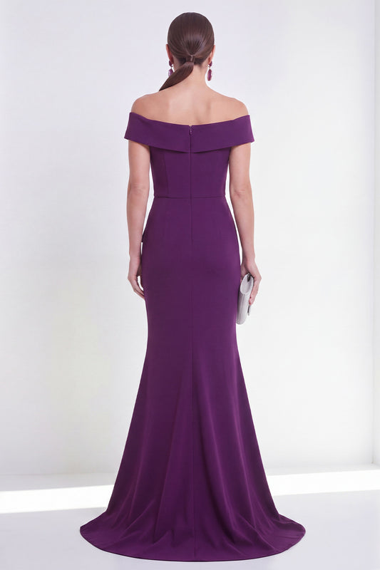 Off the Shoulder Purple Ruched Long Mermaid Formal Dress with Slit