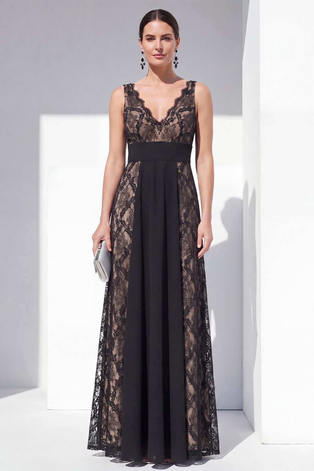 V-Neck Black Floral Long A Line Lace Formal Dress