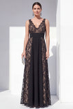 V-Neck Black Floral Long A Line Lace Formal Dress