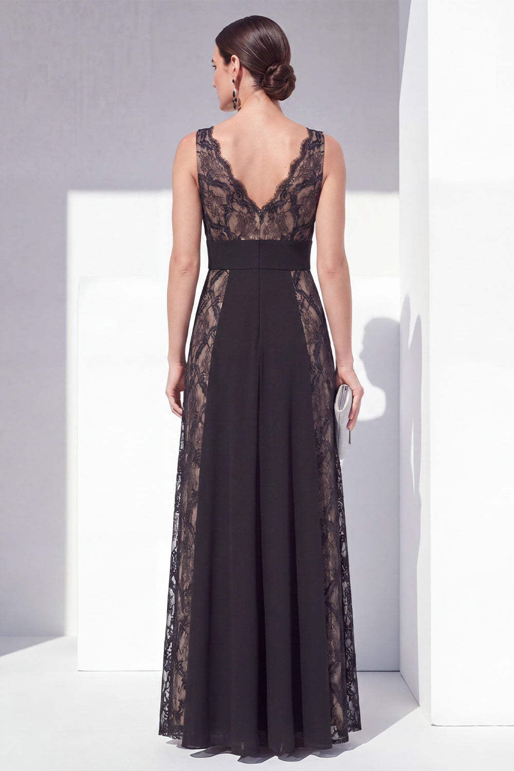 V-Neck Black Floral Long A Line Lace Formal Dress
