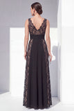 V-Neck Black Floral Long A Line Lace Formal Dress
