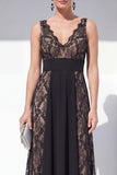 V-Neck Black Floral Long A Line Lace Formal Dress