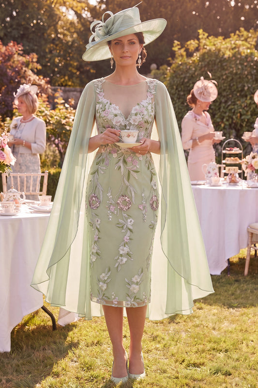 Midi Bodycon Green V-Neck Floral Mother of the Bride Dress with Cape