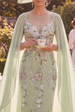 Midi Bodycon Green V-Neck Floral Mother of the Bride Dress with Cape