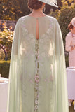 Midi Bodycon Green V-Neck Floral Mother of the Bride Dress with Cape